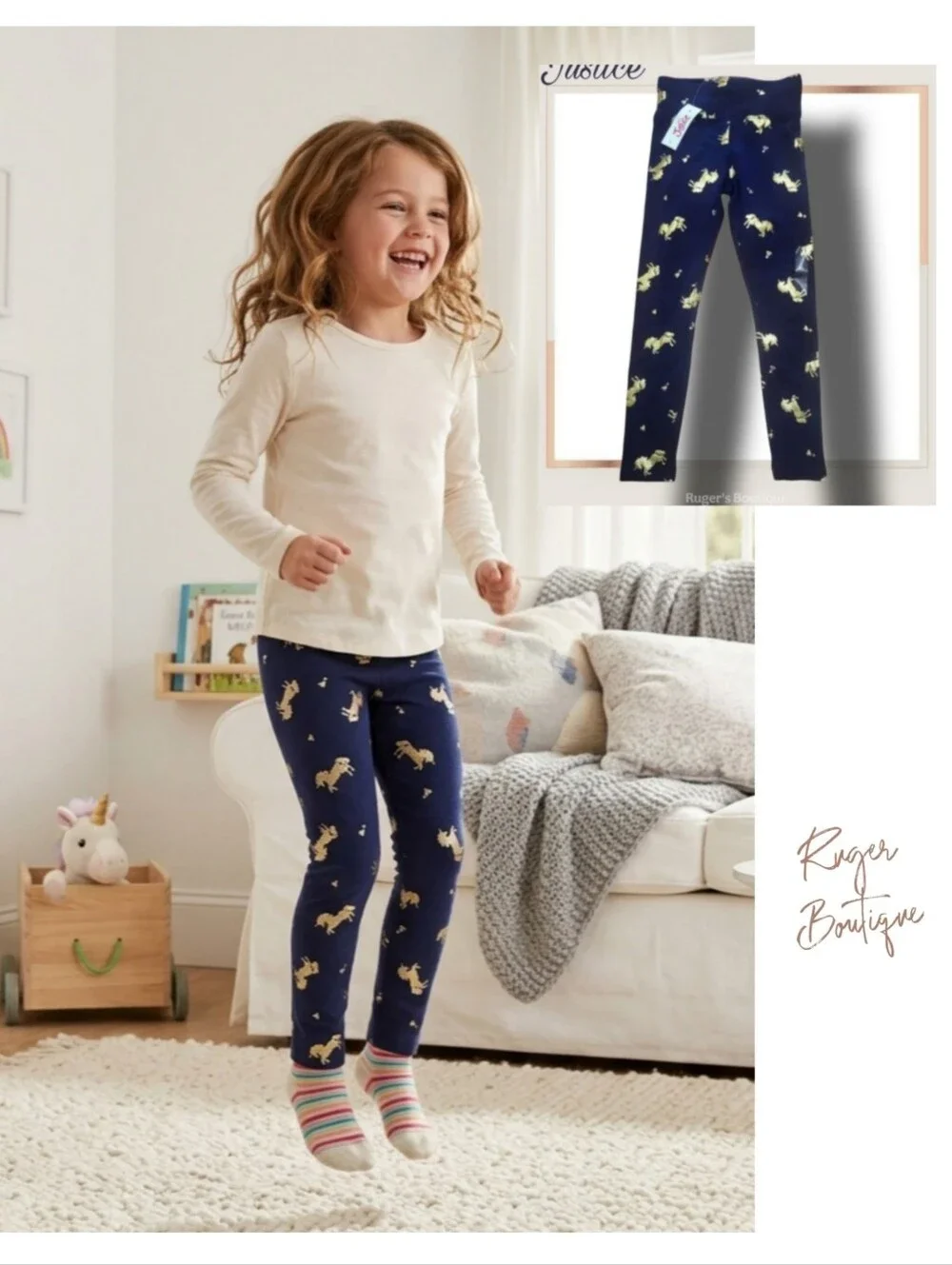 🌿Justice Girls Size 6 Navy & Gold Unicorn Leggings, NWT🦄